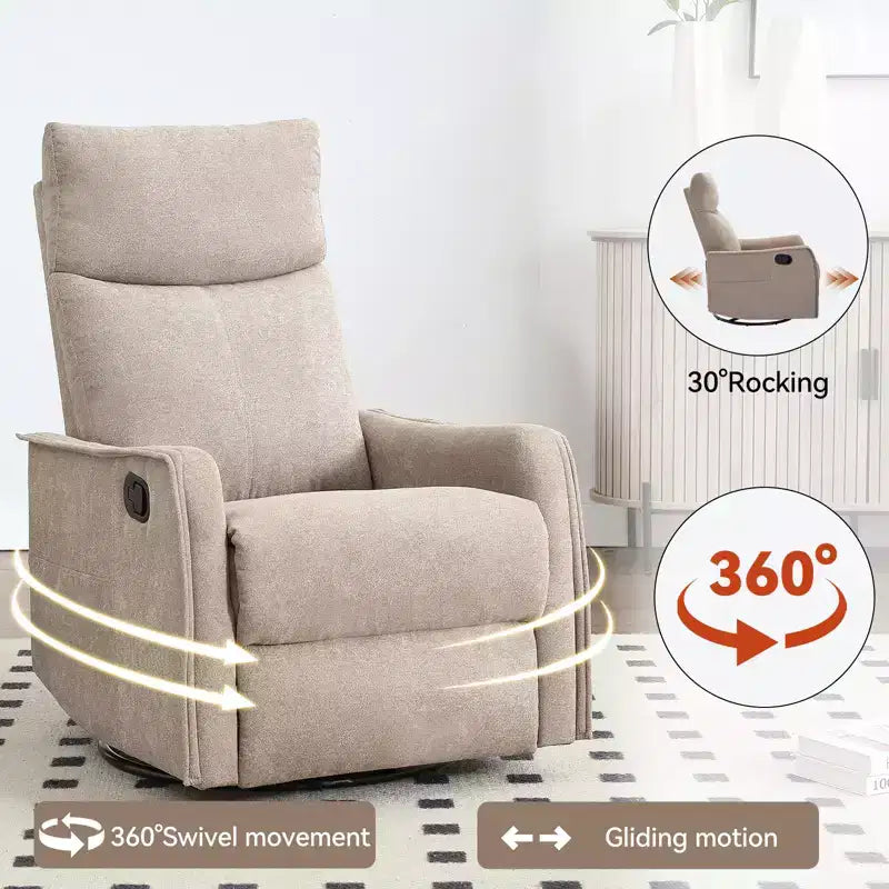 Sillón reclinable manual de masaje térmico con balancín y giratorio de tela para sala de estar