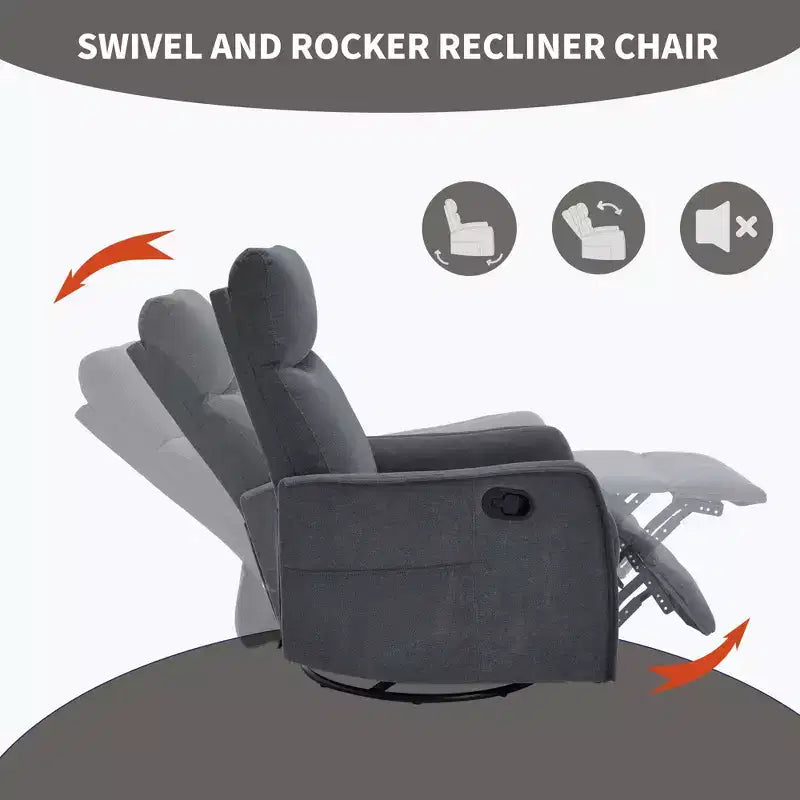 Sillón reclinable manual de masaje térmico con balancín y giratorio de tela para sala de estar