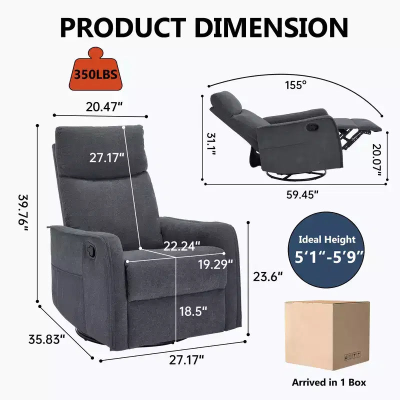 Sillón reclinable manual de masaje térmico con balancín y giratorio de tela para sala de estar
