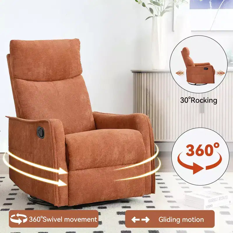 Sillón reclinable manual de masaje térmico con balancín y giratorio de tela para sala de estar
