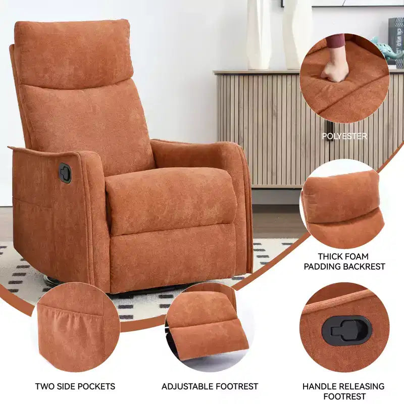 Sillón reclinable manual de masaje térmico con balancín y giratorio de tela para sala de estar