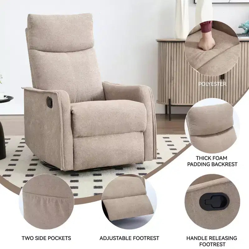Sillón reclinable manual de masaje térmico con balancín y giratorio de tela para sala de estar