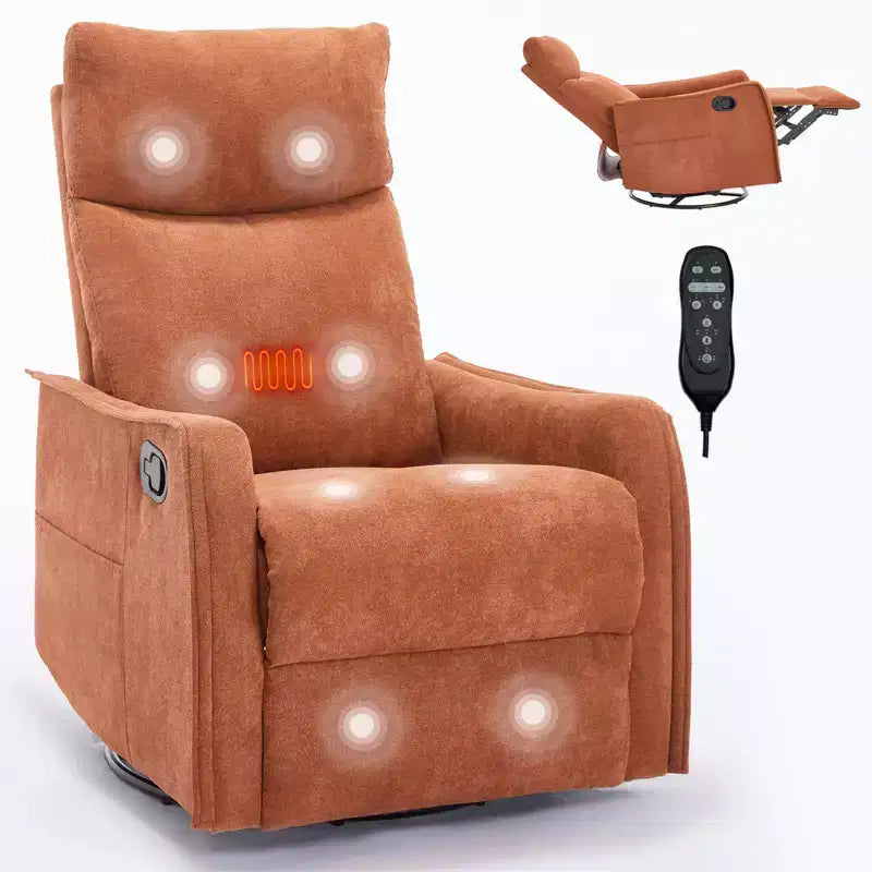 Sillón reclinable manual de masaje térmico con balancín y giratorio de tela para sala de estar