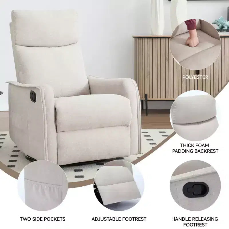 Sillón reclinable manual de masaje térmico con balancín y giratorio de tela para sala de estar