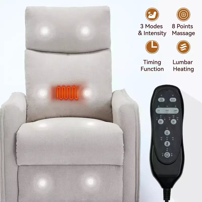 Sillón reclinable manual de masaje térmico con balancín y giratorio de tela para sala de estar