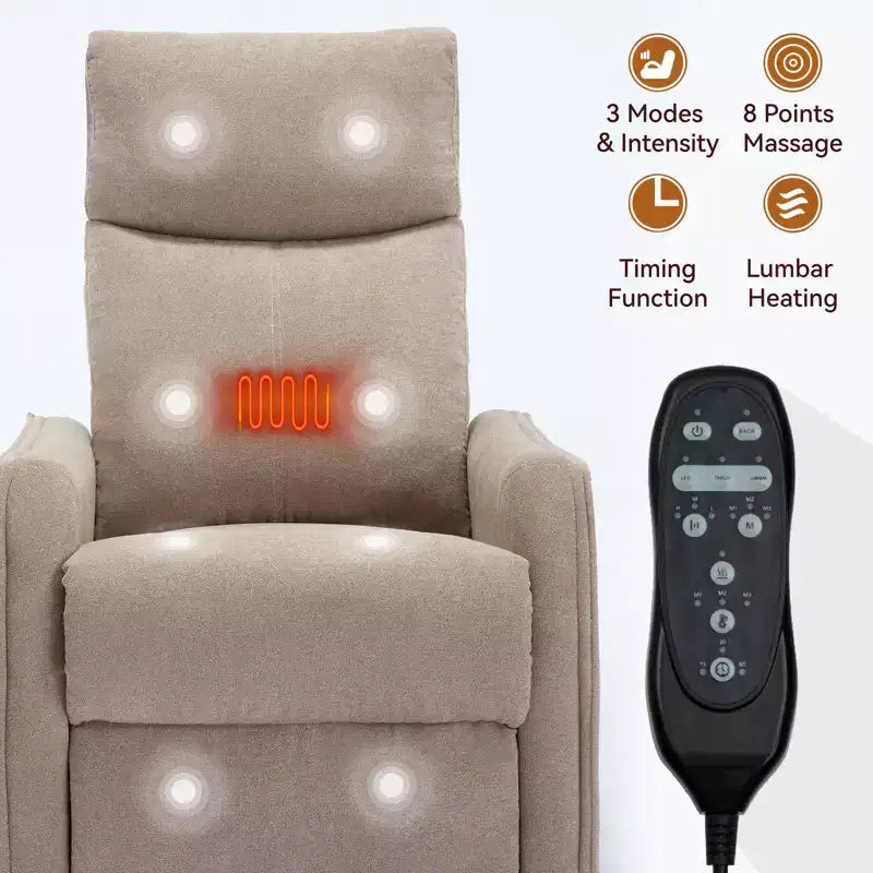 Sillón reclinable manual de masaje térmico con balancín y giratorio de tela para sala de estar