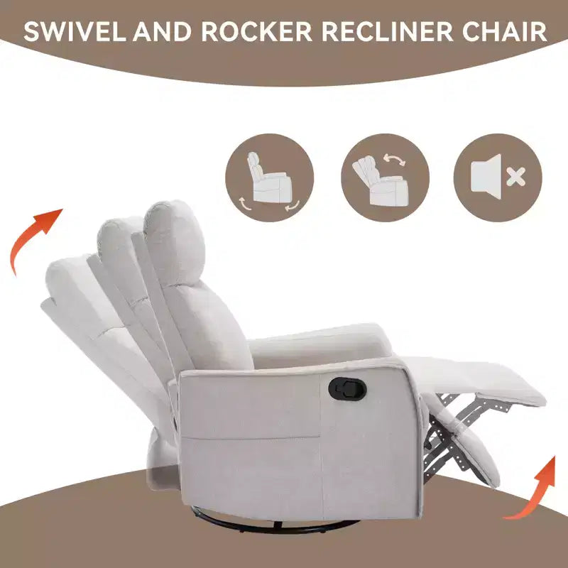 Sillón reclinable manual de masaje térmico con balancín y giratorio de tela para sala de estar