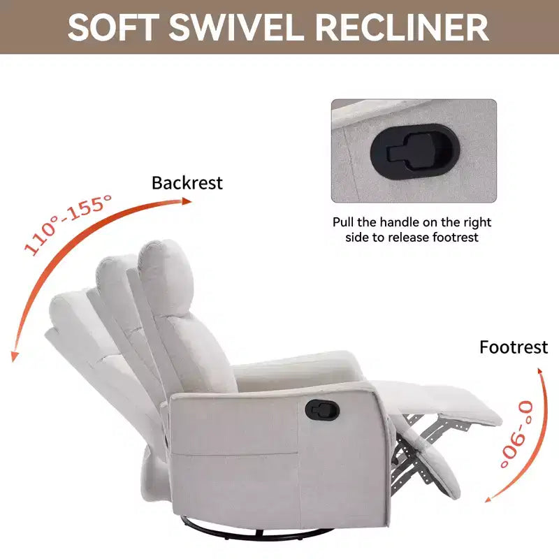 Sillón reclinable manual de masaje térmico con balancín y giratorio de tela para sala de estar