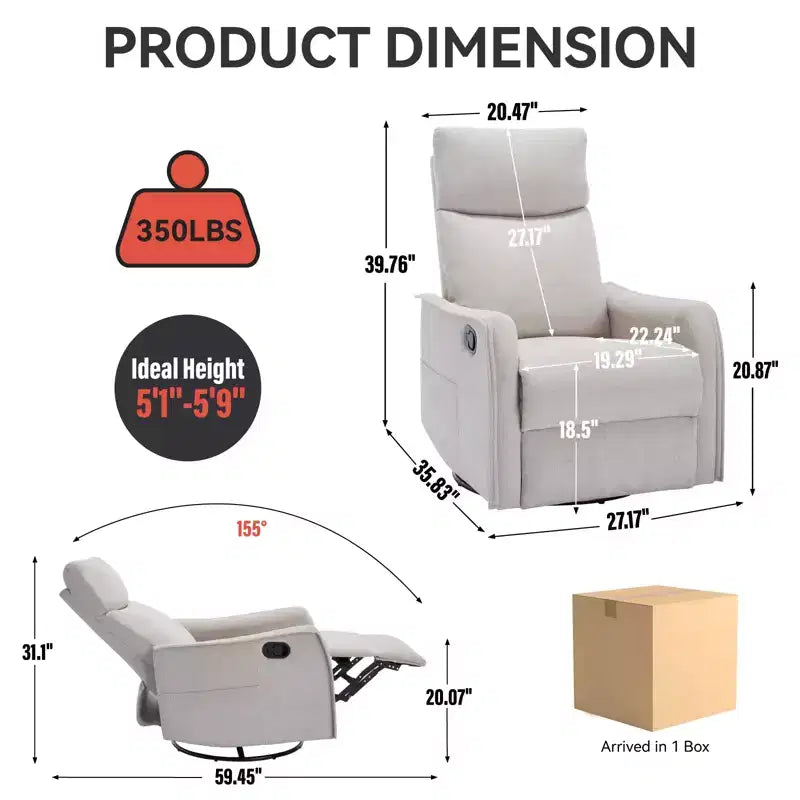 Sillón reclinable manual de masaje térmico con balancín y giratorio de tela para sala de estar