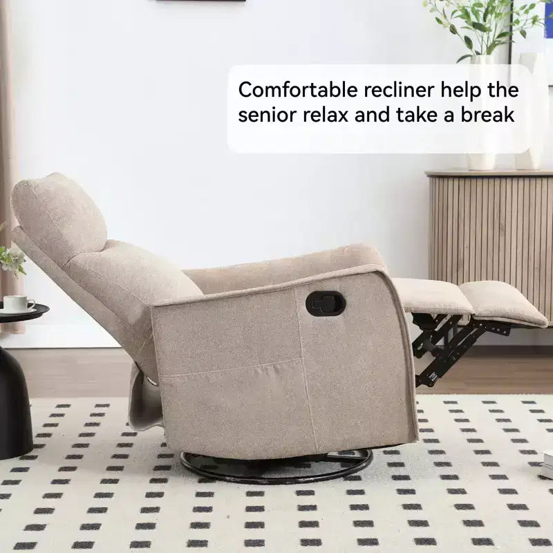 Sillón reclinable manual de masaje térmico con balancín y giratorio de tela para sala de estar