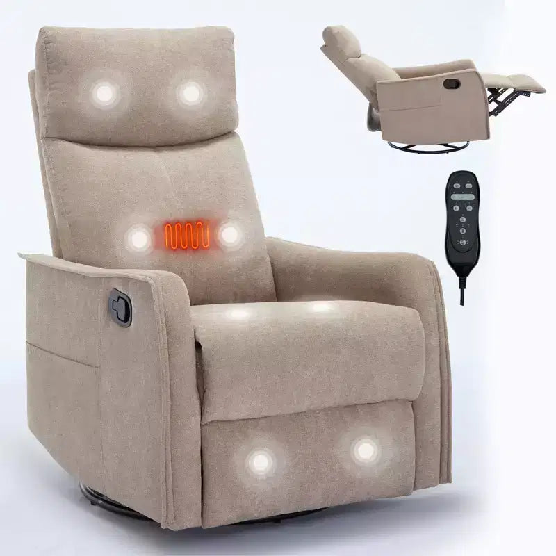 Sillón reclinable manual de masaje térmico con balancín y giratorio de tela para sala de estar
