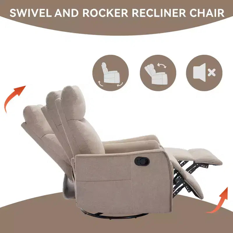 Sillón reclinable manual de masaje térmico con balancín y giratorio de tela para sala de estar