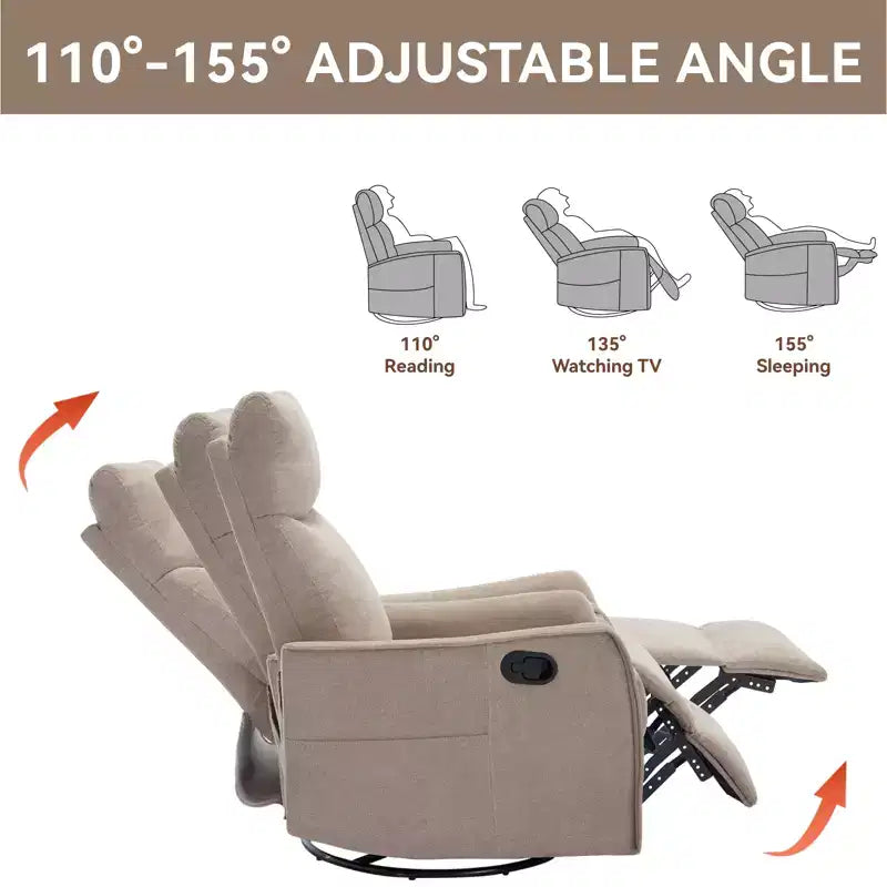 Sillón reclinable manual de masaje térmico con balancín y giratorio de tela para sala de estar