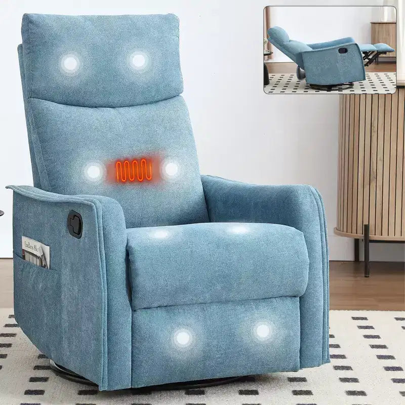 Sillón reclinable manual de masaje térmico con balancín y giratorio de tela para sala de estar