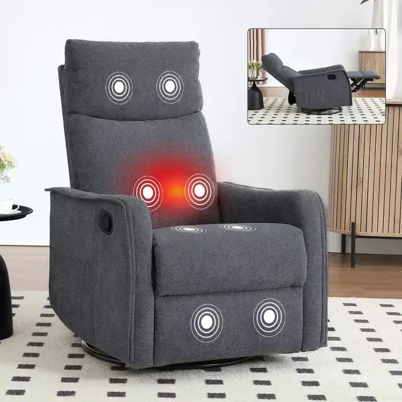 Sillón reclinable manual de masaje térmico con balancín y giratorio de tela para sala de estar