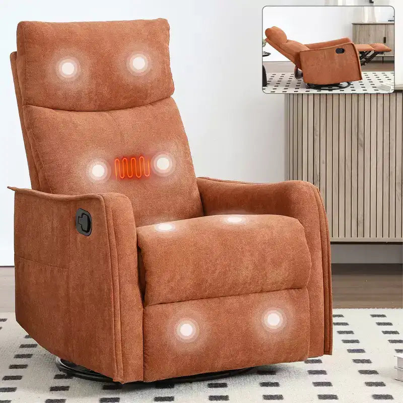 Sillón reclinable manual de masaje térmico con balancín y giratorio de tela para sala de estar