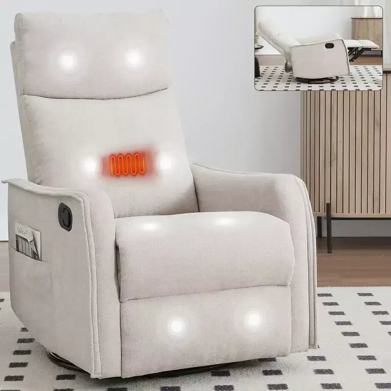 Sillón reclinable manual de masaje térmico con balancín y giratorio de tela para sala de estar
