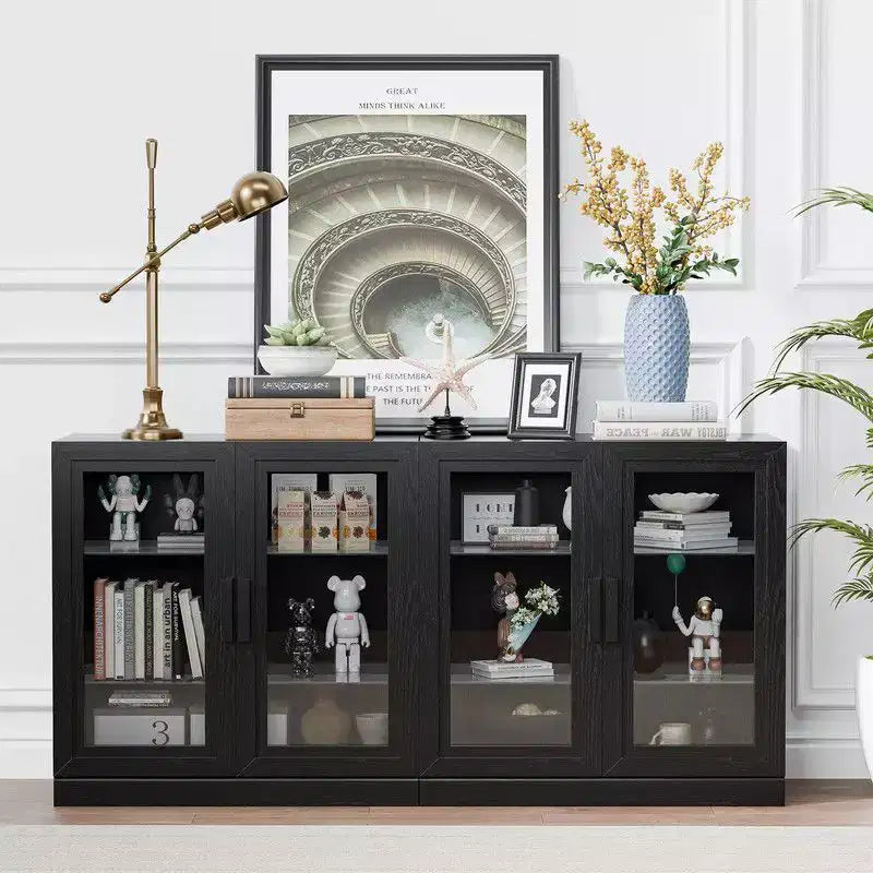 PexFix 62 W x 31 H Large Sideboard Buffet Cabinet with 4 Glass Doors 2 Adjustable Shelves for Kitchen Living/Dinning Room Bedroom Entryway Black