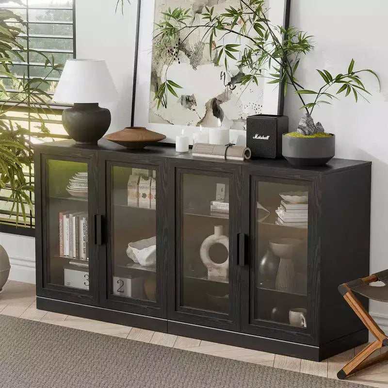 PexFix Aparador Grande de 62 An. x 31 Al. con 4 Puertas de Cristal y 2 Estantes Ajustables para Cocina, Salón/Comedor, Dormitorio, Entrada, Negro