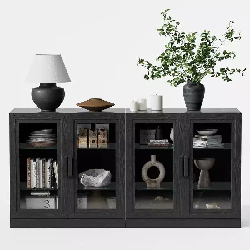 PexFix Aparador Grande de 62 An. x 31 Al. con 4 Puertas de Cristal y 2 Estantes Ajustables para Cocina, Salón/Comedor, Dormitorio, Entrada, Negro