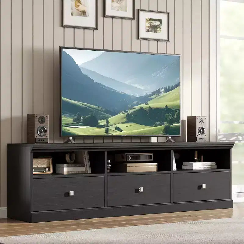Mueble para TV de 75 Pulgadas, Centro de Entretenimiento Moderno de Mediados de Siglo con Cajón de Almacenamiento, Mueble de Madera para TV para Sala de Estar