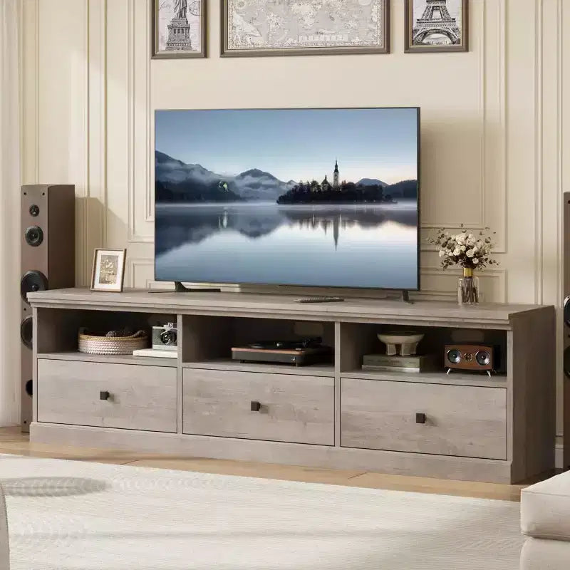 Mueble para TV de 75 Pulgadas, Centro de Entretenimiento Moderno de Mediados de Siglo con Cajón de Almacenamiento, Mueble de Madera para TV para Sala de Estar