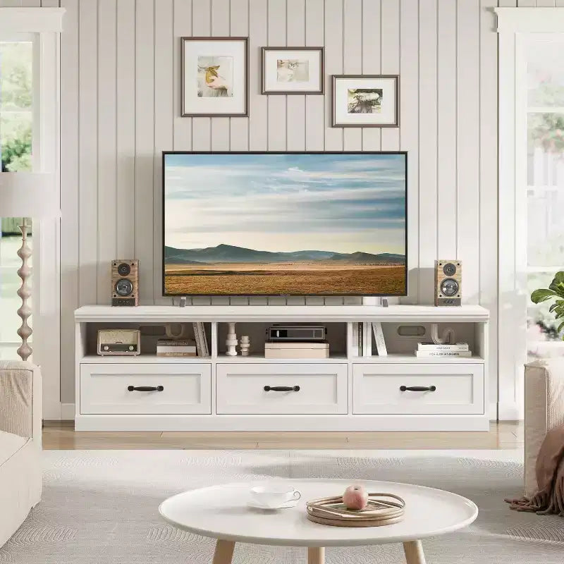 Mueble para TV de 75 Pulgadas, Centro de Entretenimiento Moderno de Mediados de Siglo con Cajón de Almacenamiento, Mueble de Madera para TV para Sala de Estar