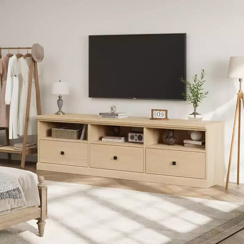 Mueble para TV de 75 Pulgadas, Centro de Entretenimiento Moderno de Mediados de Siglo con Cajón de Almacenamiento, Mueble de Madera para TV para Sala de Estar