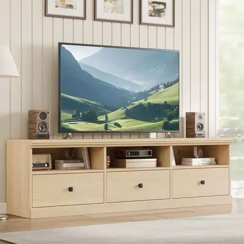 Mueble para TV de 75 Pulgadas, Centro de Entretenimiento Moderno de Mediados de Siglo con Cajón de Almacenamiento, Mueble de Madera para TV para Sala de Estar