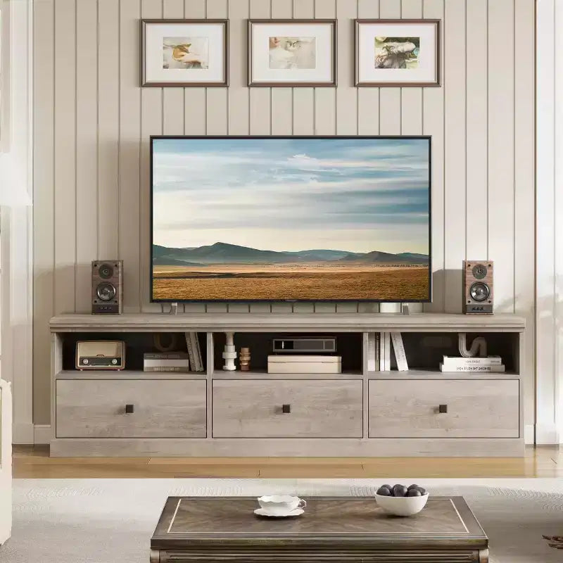 Mueble para TV de 75 Pulgadas, Centro de Entretenimiento Moderno de Mediados de Siglo con Cajón de Almacenamiento, Mueble de Madera para TV para Sala de Estar