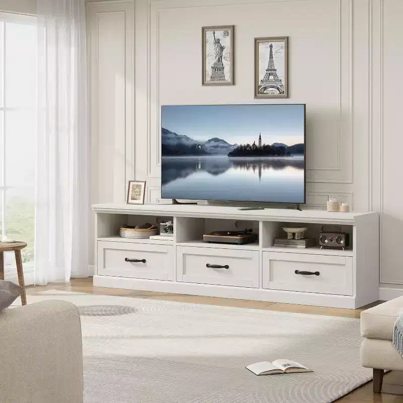 Mueble para TV de 75 Pulgadas, Centro de Entretenimiento Moderno de Mediados de Siglo con Cajón de Almacenamiento, Mueble de Madera para TV para Sala de Estar