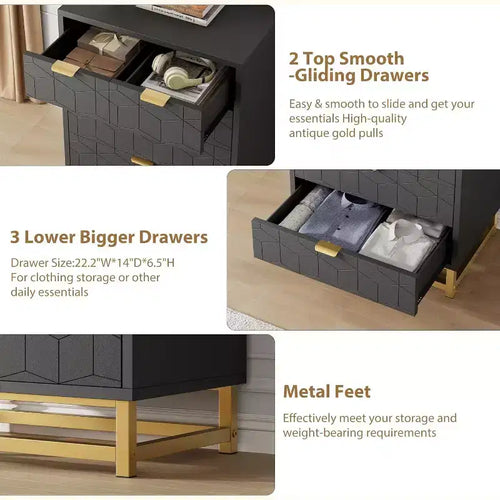 Cómoda de 5 cajones para dormitorio con patas de metal, cómoda ancha moderna con cajones para dormitorio, sala de estar, recibidor