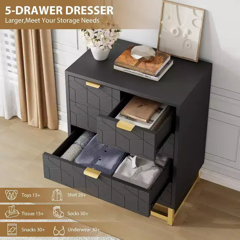 COZONY 5 Drawer Dresser for Bedroom with Metal Legs, Modern Wide Storage Chest of Drawers for Bedroom, Living Room, Entryway