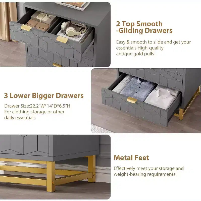 COZONY 5 Drawer Dresser for Bedroom with Metal Legs, Modern Wide Storage Chest of Drawers for Bedroom, Living Room, Entryway