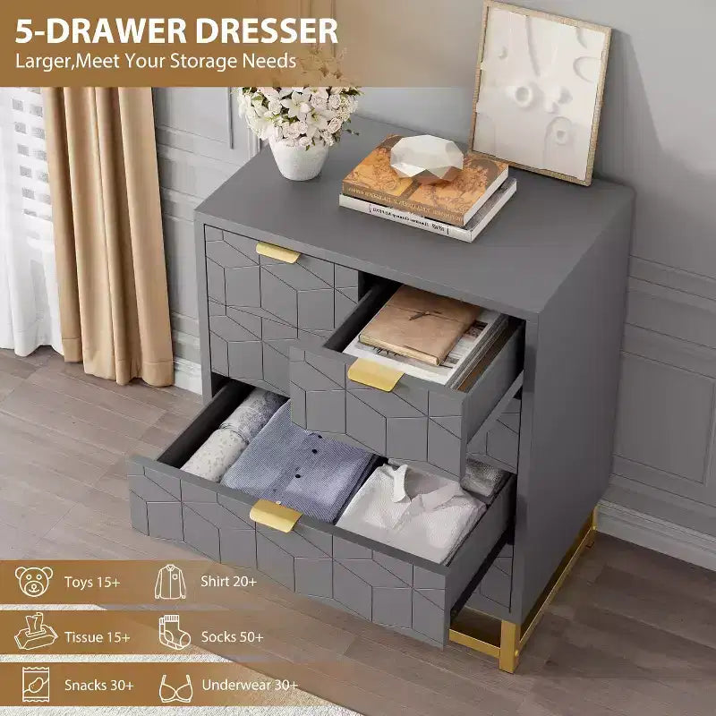 COZONY 5 Drawer Dresser for Bedroom with Metal Legs, Modern Wide Storage Chest of Drawers for Bedroom, Living Room, Entryway