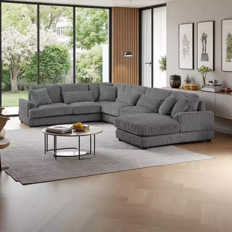 Sofá Seccional en Forma de U de Gran Tamaño Polibi con Tapicería de Pana Afelpada