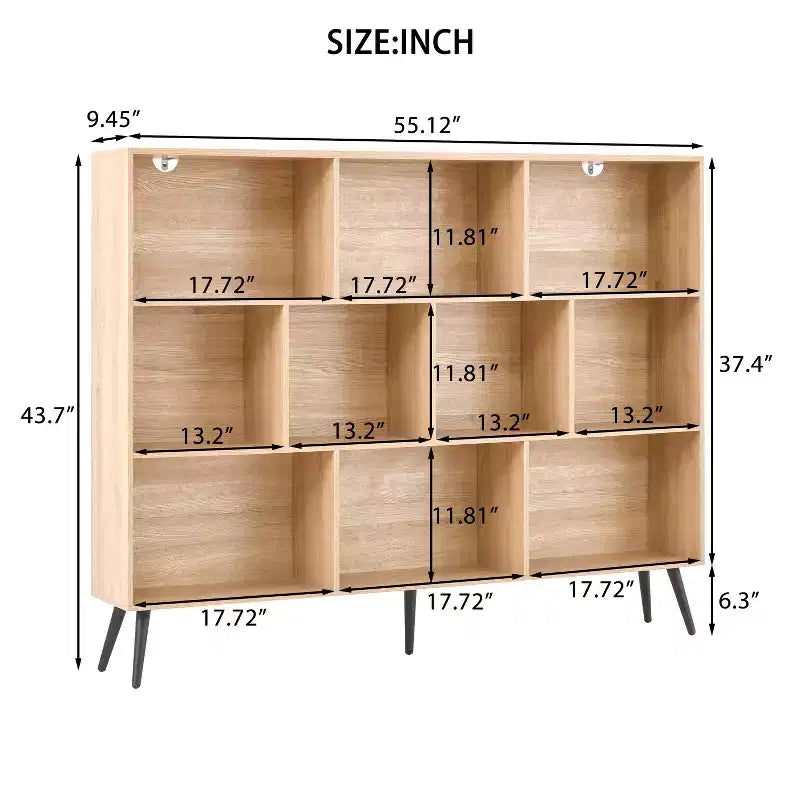 Estantería abierta de madera de 3 niveles CuisinSmart, organizador de almacenamiento de estantería independiente de 10 rejillas con 5 patas de hierro para oficina en casa, sala de estar y dormitorio