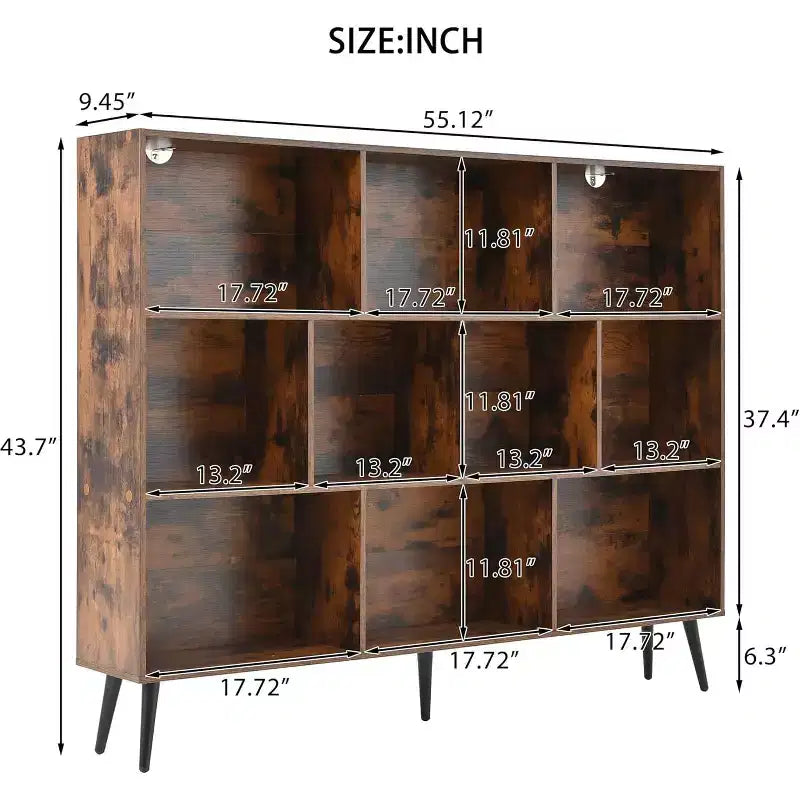Estantería abierta de madera de 3 niveles CuisinSmart, organizador de almacenamiento de estantería independiente de 10 rejillas con 5 patas de hierro para oficina en casa, sala de estar y dormitorio