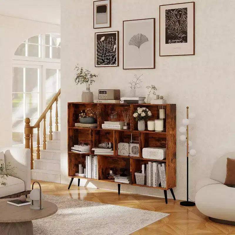 Estantería abierta de madera de 3 niveles CuisinSmart, organizador de almacenamiento de estantería independiente de 10 rejillas con 5 patas de hierro para oficina en casa, sala de estar y dormitorio