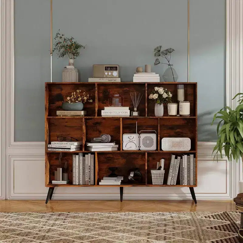 Estantería abierta de madera de 3 niveles CuisinSmart, organizador de almacenamiento de estantería independiente de 10 rejillas con 5 patas de hierro para oficina en casa, sala de estar y dormitorio