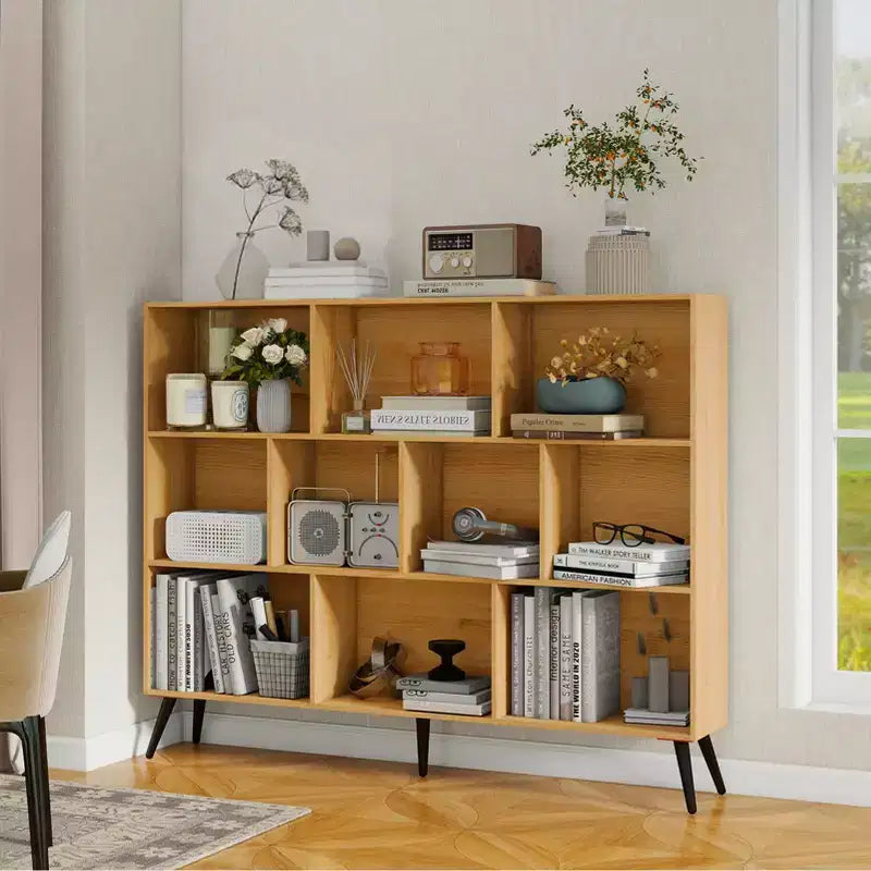 Estantería abierta de madera de 3 niveles CuisinSmart, organizador de almacenamiento de estantería independiente de 10 rejillas con 5 patas de hierro para oficina en casa, sala de estar y dormitorio