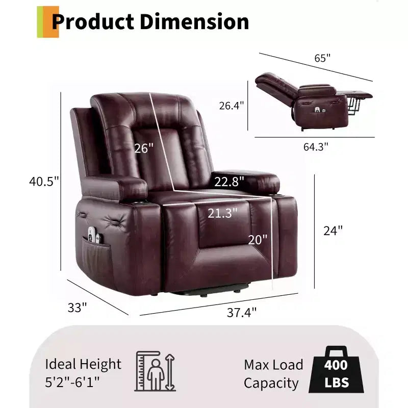 GustoWave Oversized Padded Power Lift Recliner Chair - Heat and Massage Faux Leather Reclining Chair, Single Home Theater Seating