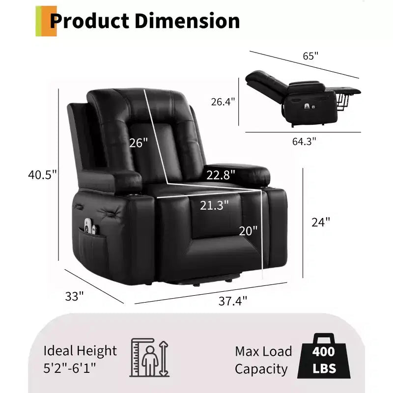GustoWave Oversized Padded Power Lift Recliner Chair - Heat and Massage Faux Leather Reclining Chair, Single Home Theater Seating