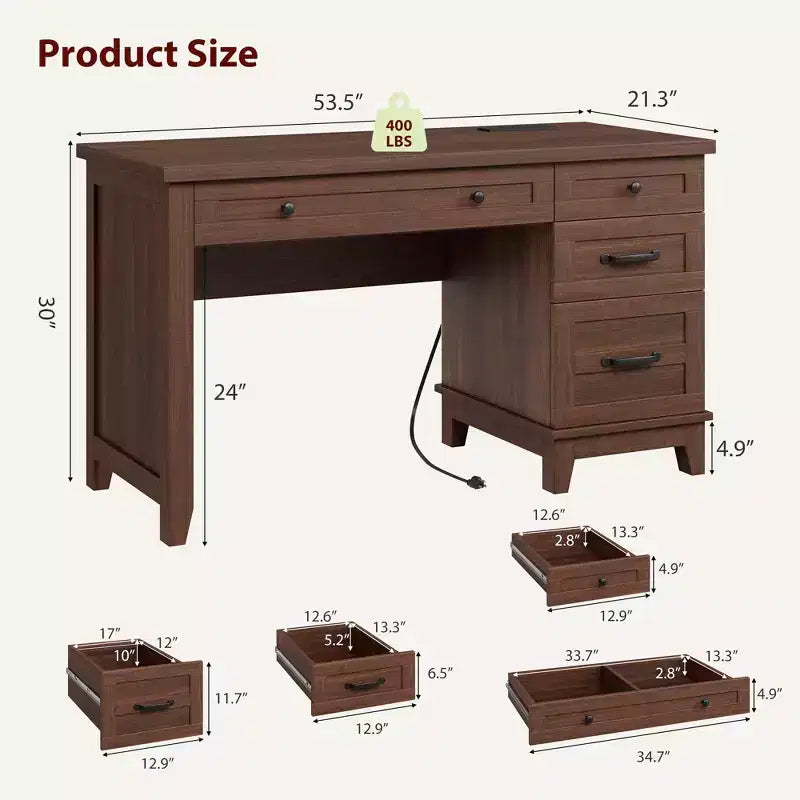 GustoWave 53.5 Executive Desk,Home Office Desk with Drawers, Wooden Work Desk with File Cabinet, Computer Desk