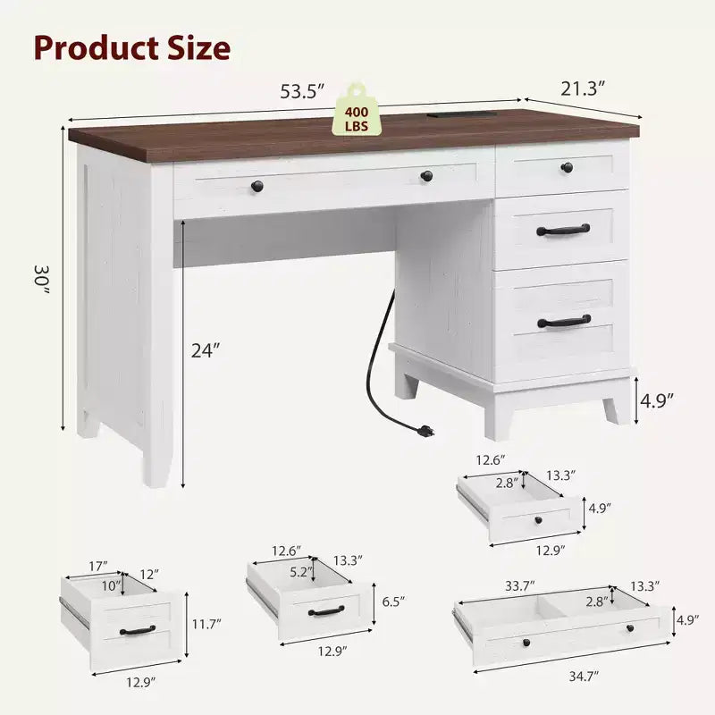 GustoWave 53.5 Executive Desk,Home Office Desk with Drawers, Wooden Work Desk with File Cabinet, Computer Desk
