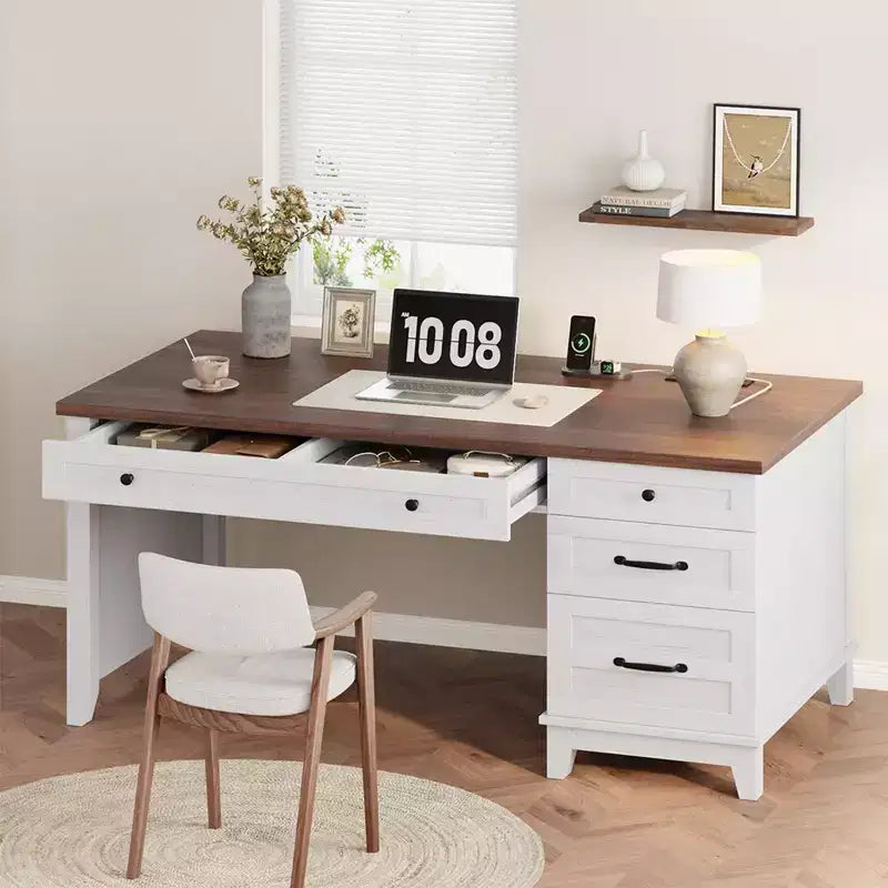 Executive Desk,Home Office Desk with Drawers, Wooden Work Desk with File Cabinet, Computer Desk