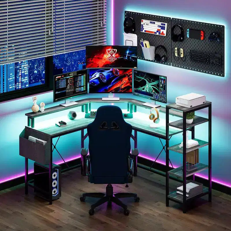 Escritorio de juegos en forma de L de 61 pulgadas, escritorio de computadora ergonómico, con estantes de 5 niveles, LED, toma de corriente y bolsa de almacenamiento