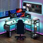 Escritorio de juegos en forma de L de 61 pulgadas, escritorio de computadora ergonómico, con estantes de 5 niveles, LED, toma de corriente y bolsa de almacenamiento