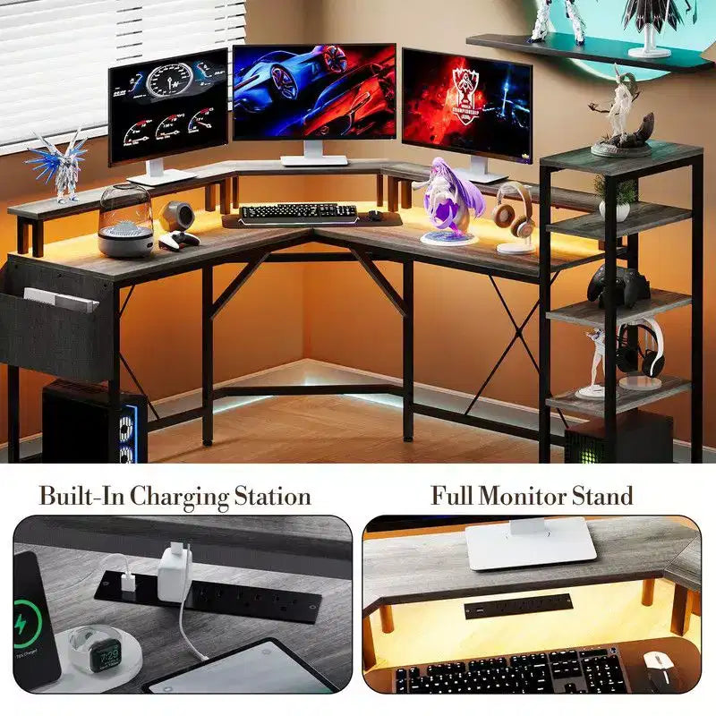 Escritorio de juegos en forma de L de 61 pulgadas, escritorio de computadora ergonómico, con estantes de 5 niveles, LED, toma de corriente y bolsa de almacenamiento