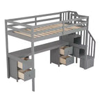 Twin Size Loft Bed with Storage Staircase and Desk, Solid Wood Loft Bed Frame with Double Storage Drawers and Guardrails